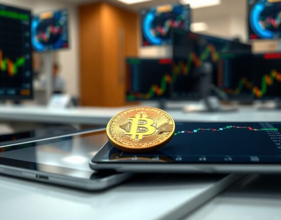 Bitcoin coin on a tablet showing a chart with a slight upward trend, representing retail demand recovery.