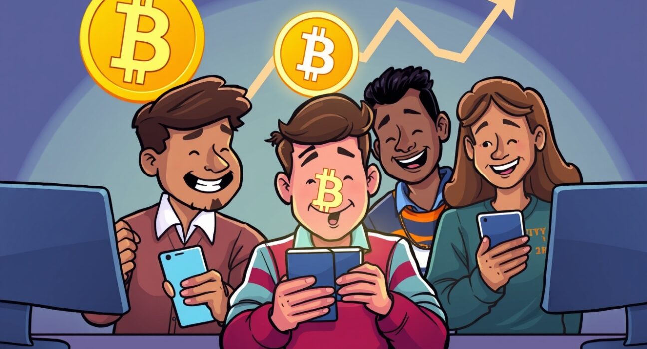 Cartoon illustration showing US investors confidently engaging in Bitcoin retail demand, purchasing cryptocurrency despite market fluctuations.