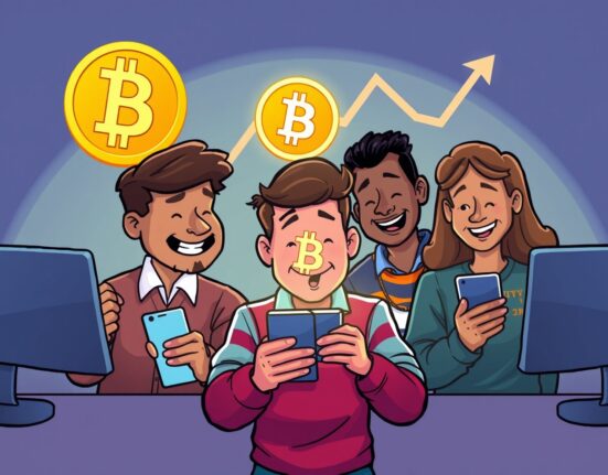 Cartoon illustration showing US investors confidently engaging in Bitcoin retail demand, purchasing cryptocurrency despite market fluctuations.