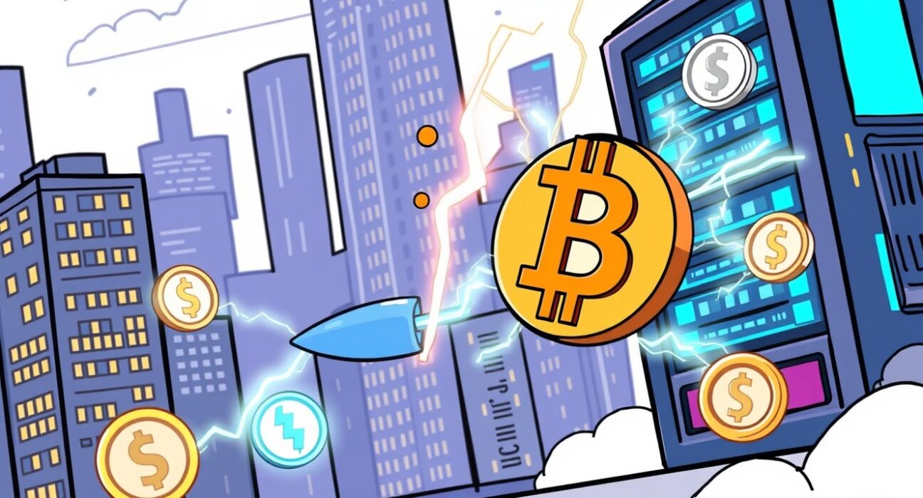 A cartoon illustration showing the significant investment in Bitcoin RGB infrastructure, highlighting its integration with the Lightning Network and stablecoin development.