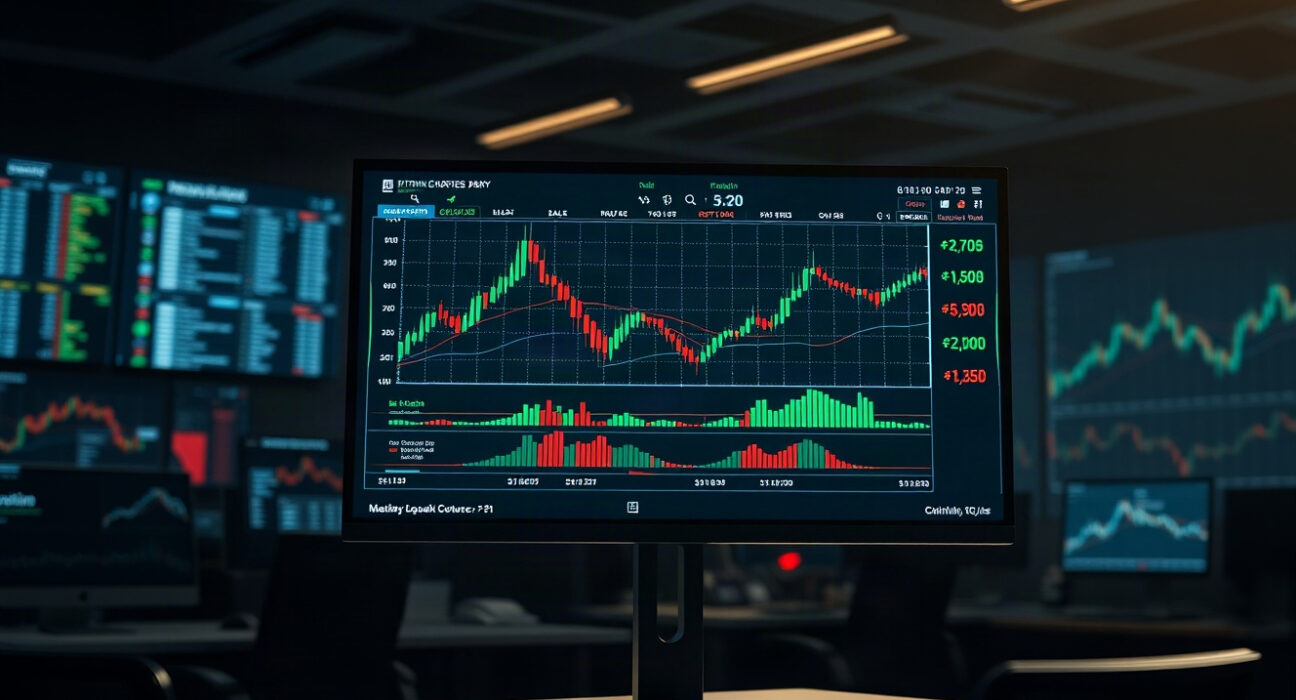 Live cryptocurrency price charts for Bitcoin, Ripple, and Chainlink on a trading screen