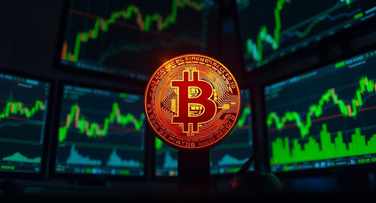 Bitcoin coin in focus with green trading charts on monitors in background
