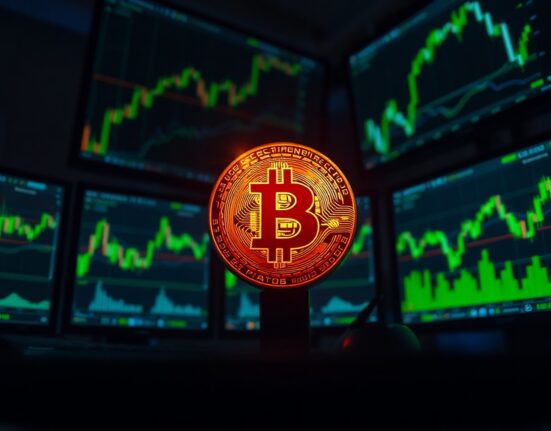 Bitcoin coin in focus with green trading charts on monitors in background