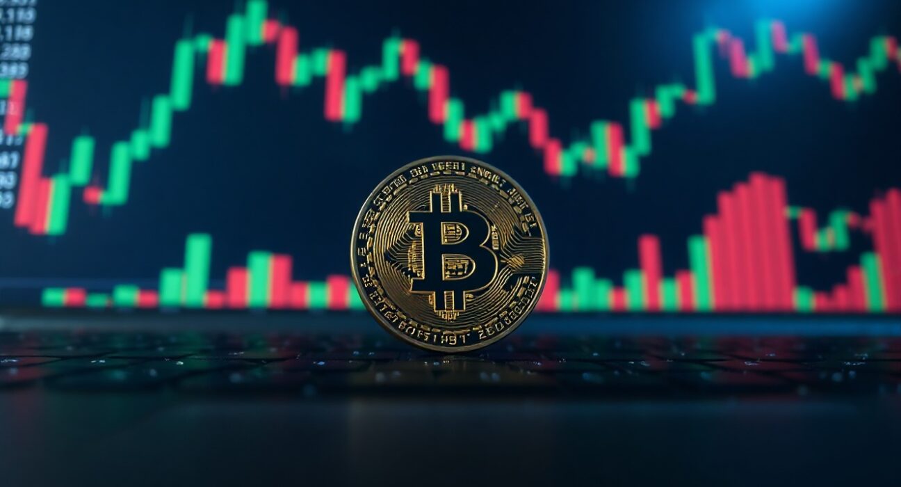 Bitcoin coin on a digital trading dashboard with candlestick charts.