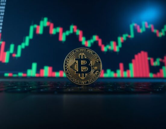 Bitcoin coin on a digital trading dashboard with candlestick charts.