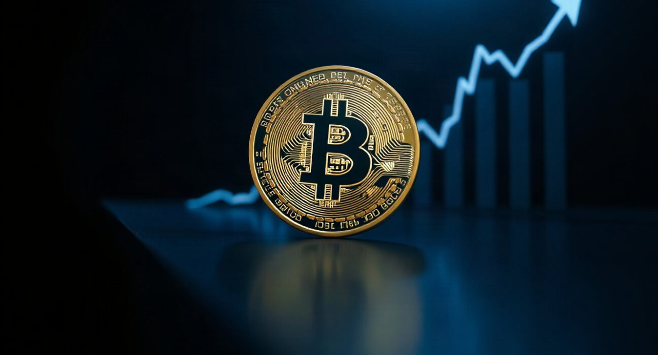 Bitcoin coin with a rising price chart in the background, symbolizing market gains.