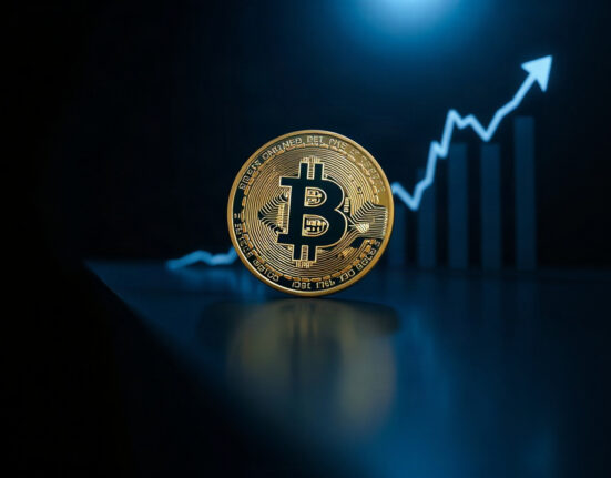 Bitcoin coin with a rising price chart in the background, symbolizing market gains.