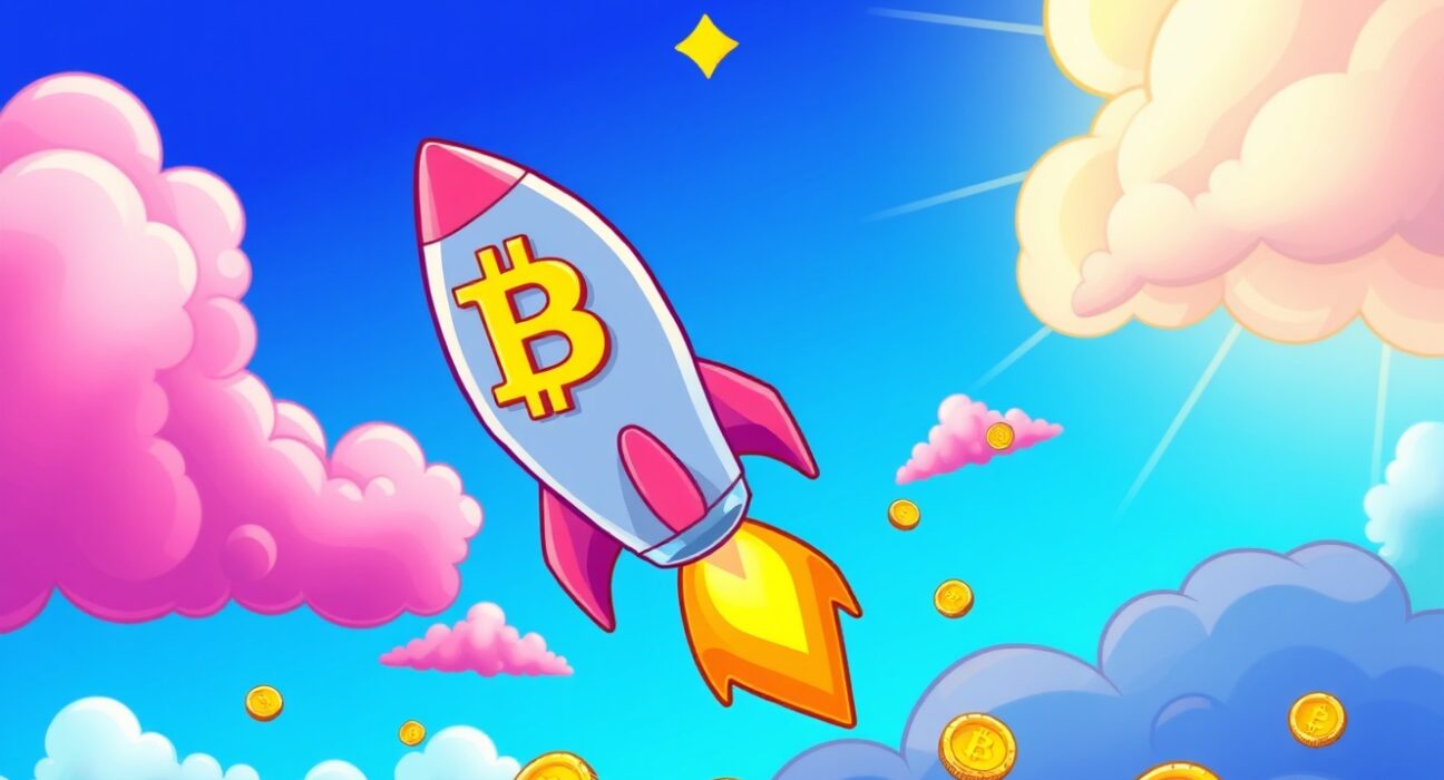 Bitcoin rocket soaring as BTC rises above $87,000 in vibrant cartoon illustration