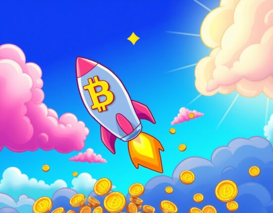 Bitcoin rocket soaring as BTC rises above $87,000 in vibrant cartoon illustration