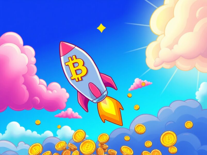 Bitcoin rocket soaring as BTC rises above $87,000 in vibrant cartoon illustration