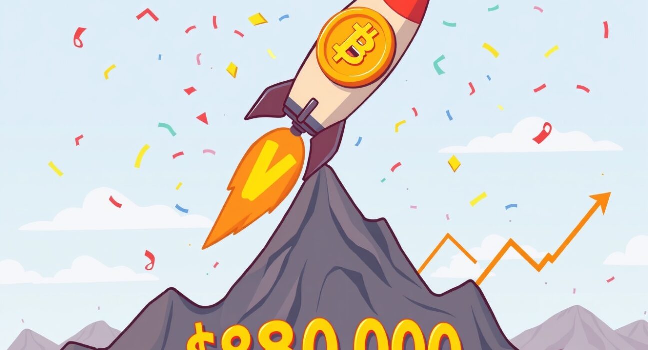 Bitcoin coin rocketing past the $88,000 milestone in a vibrant cartoon illustration symbolizing BTC's price rise.
