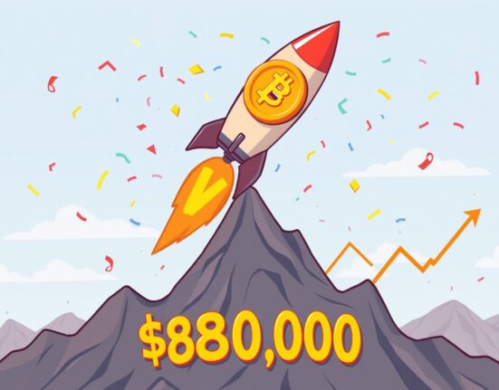 Bitcoin coin rocketing past the $88,000 milestone in a vibrant cartoon illustration symbolizing BTC's price rise.
