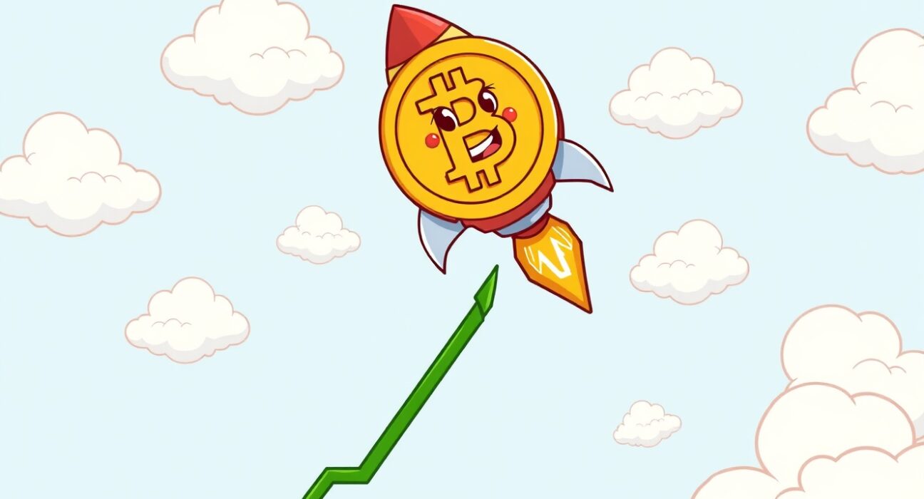 A cartoon Bitcoin rocket soaring upwards, symbolizing the BTC rises above $92,000 price surge.