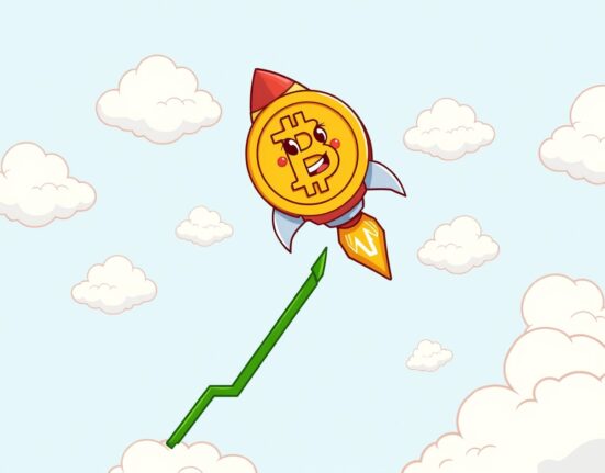 A cartoon Bitcoin rocket soaring upwards, symbolizing the BTC rises above $92,000 price surge.