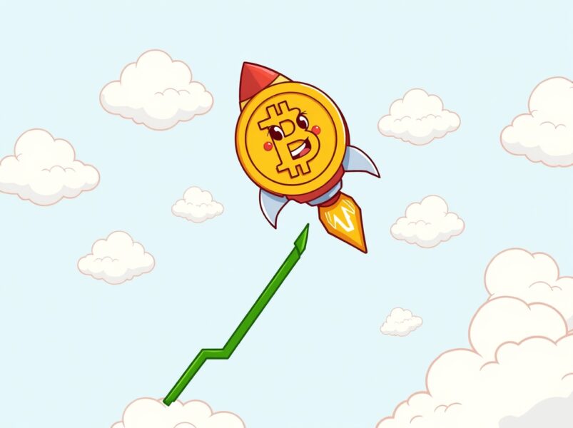 A cartoon Bitcoin rocket soaring upwards, symbolizing the BTC rises above $92,000 price surge.