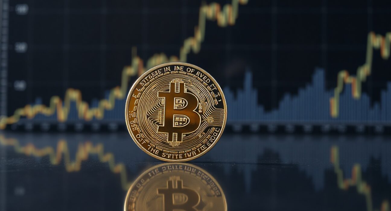 Bitcoin coin with upward price chart in background, representing market recovery