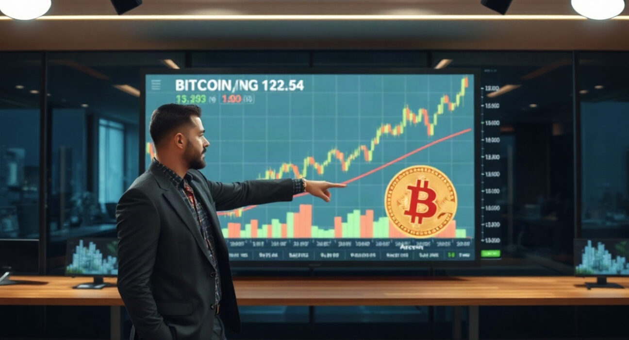 Katie Stockton of Fairlead Strategies analyzing Bitcoin chart on screen in modern office