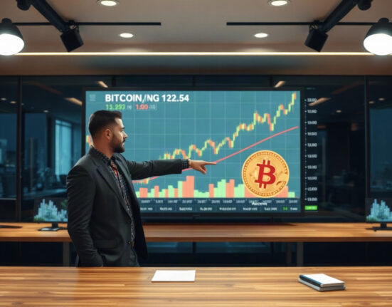 Katie Stockton of Fairlead Strategies analyzing Bitcoin chart on screen in modern office