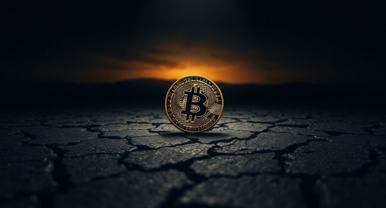 Bitcoin coin on cracked dark surface with dramatic spotlight, representing market downturn and potential rebound.