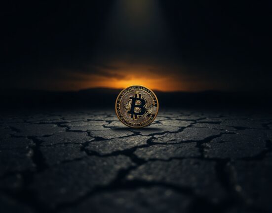 Bitcoin coin on cracked dark surface with dramatic spotlight, representing market downturn and potential rebound.