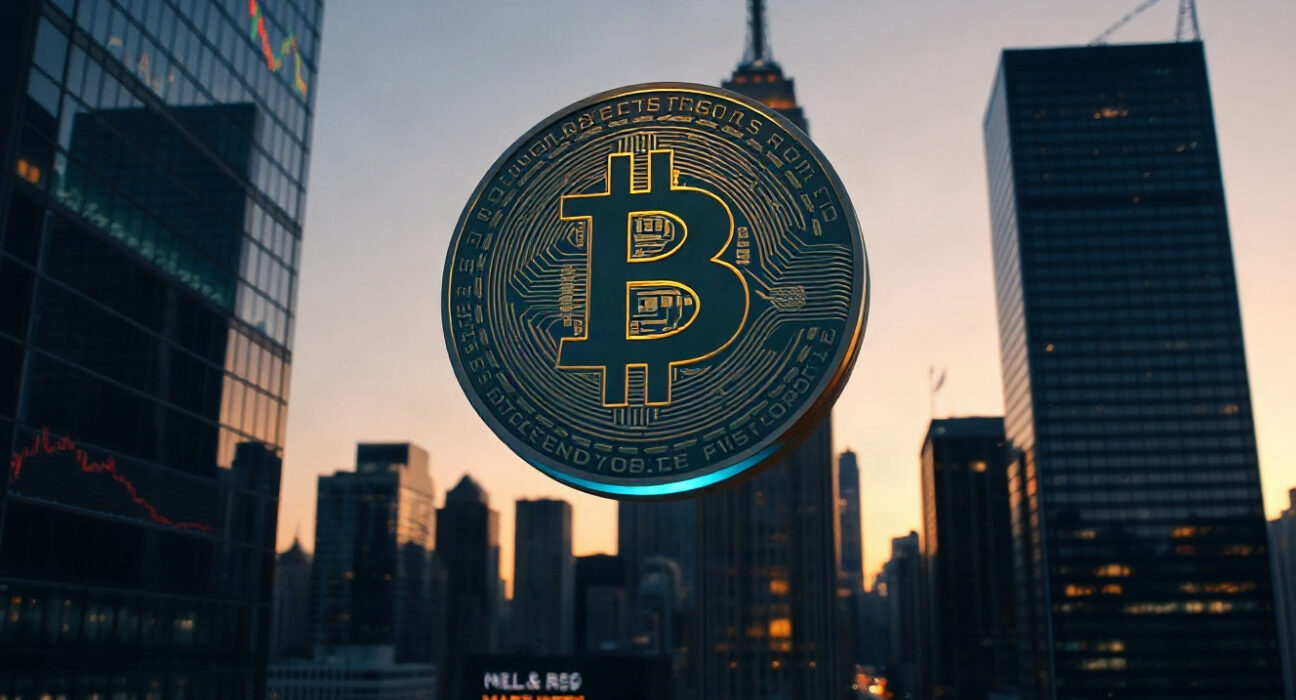 Bitcoin symbol over financial district skyline with price charts reflected on glass