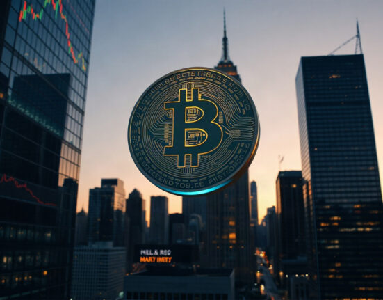 Bitcoin symbol over financial district skyline with price charts reflected on glass