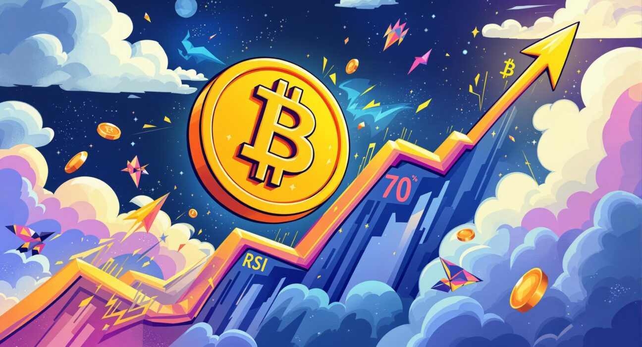 A vibrant cartoon illustration showing the Bitcoin RSI indicator staying high, signaling a prolonged overbought period for BTC as predicted by PlanB.