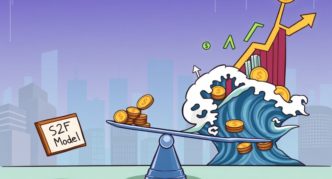 A cartoon showing the traditional Bitcoin S2F model being dwarfed by the immense force of institutional ETF demand, highlighting its limitations.