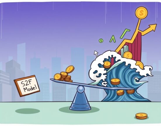 A cartoon showing the traditional Bitcoin S2F model being dwarfed by the immense force of institutional ETF demand, highlighting its limitations.