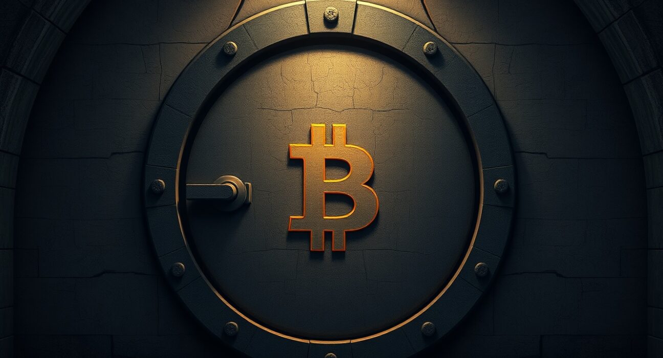 Bitcoin safe haven symbol carved into stone vault door representing long-term store of value