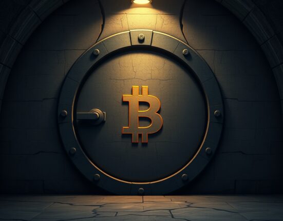 Bitcoin safe haven symbol carved into stone vault door representing long-term store of value