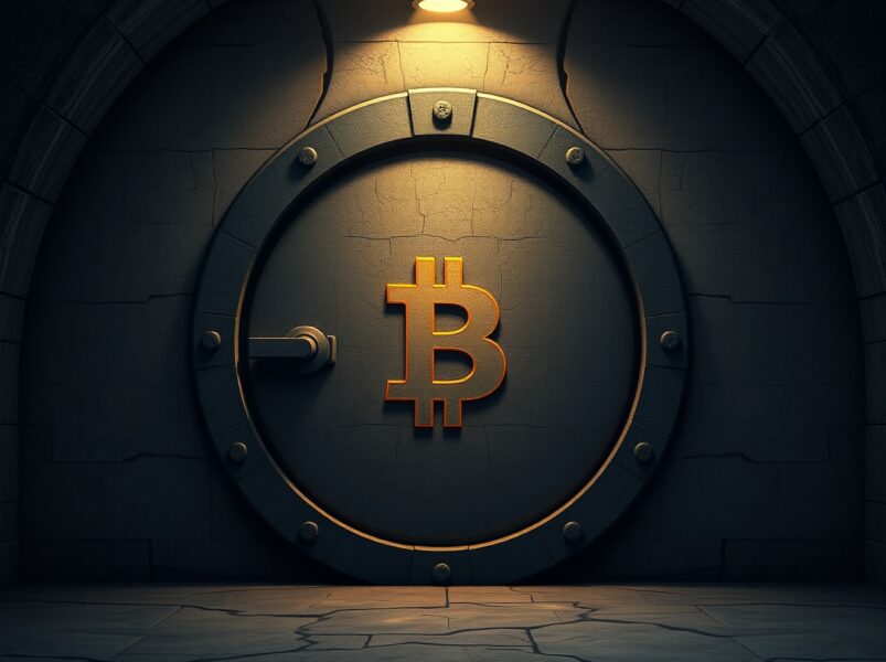Bitcoin safe haven symbol carved into stone vault door representing long-term store of value