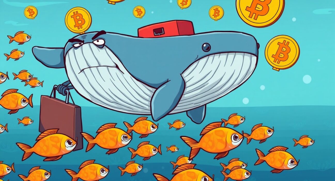 Cartoon illustration of a corporate whale signaling a Bitcoin sale by swimming away from retail investors.