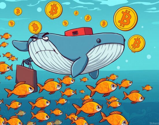 Cartoon illustration of a corporate whale signaling a Bitcoin sale by swimming away from retail investors.