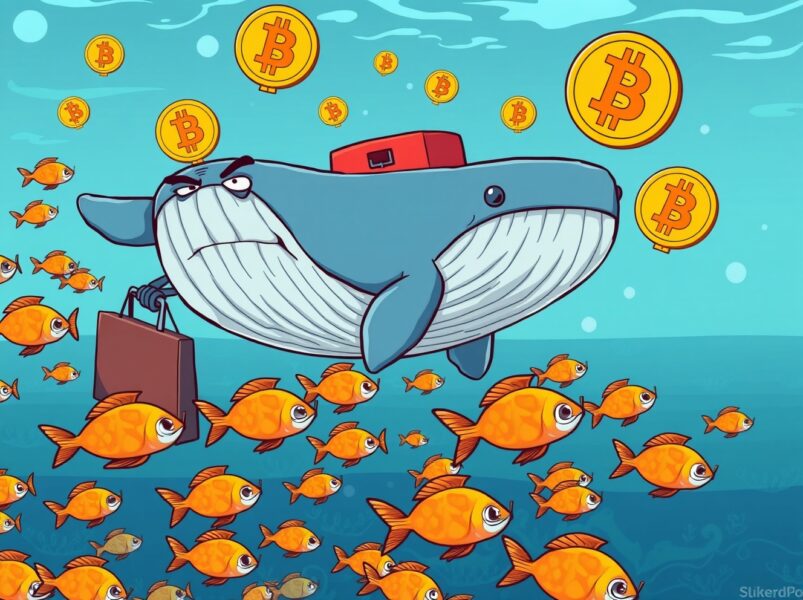 Cartoon illustration of a corporate whale signaling a Bitcoin sale by swimming away from retail investors.