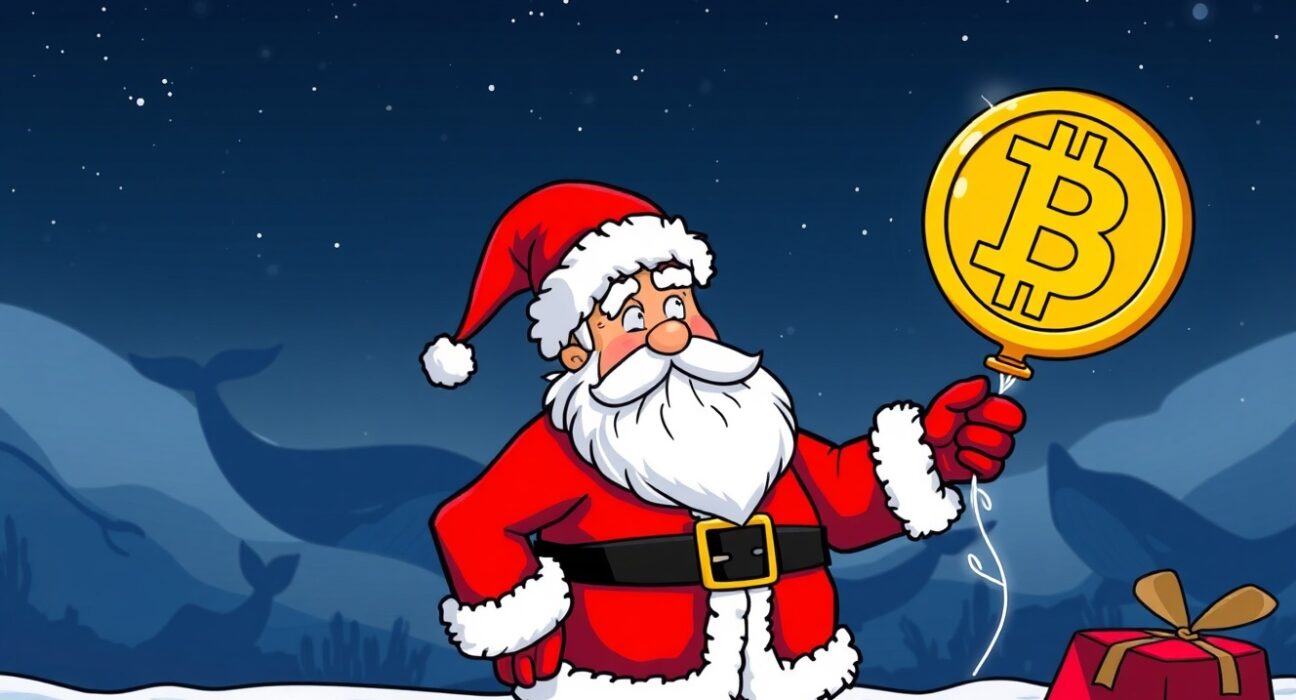 A cartoon Santa looking concerned as the Bitcoin Santa rally weakens, with whale shadows suggesting selling pressure.