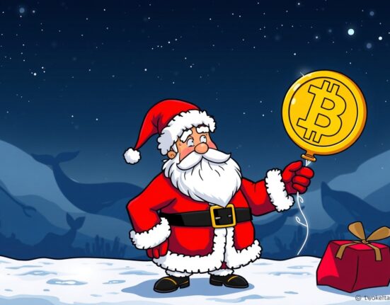 A cartoon Santa looking concerned as the Bitcoin Santa rally weakens, with whale shadows suggesting selling pressure.