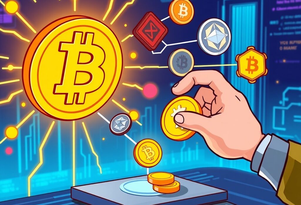 Cartoon showing a digital portal facilitating secure Bitcoin scaling across blockchains with significant investment.