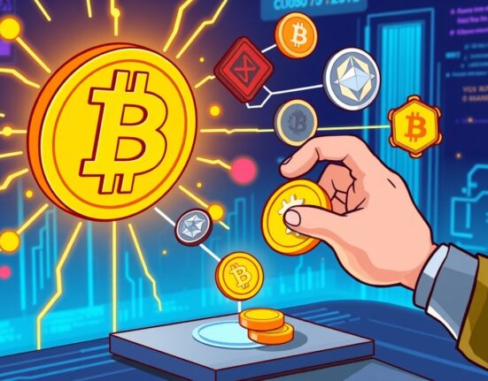 Cartoon showing a digital portal facilitating secure Bitcoin scaling across blockchains with significant investment.