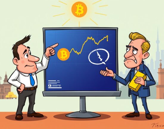 A cartoon illustration depicting a lively debate about Bitcoin's performance, with one expert highlighting its growth on a chart.