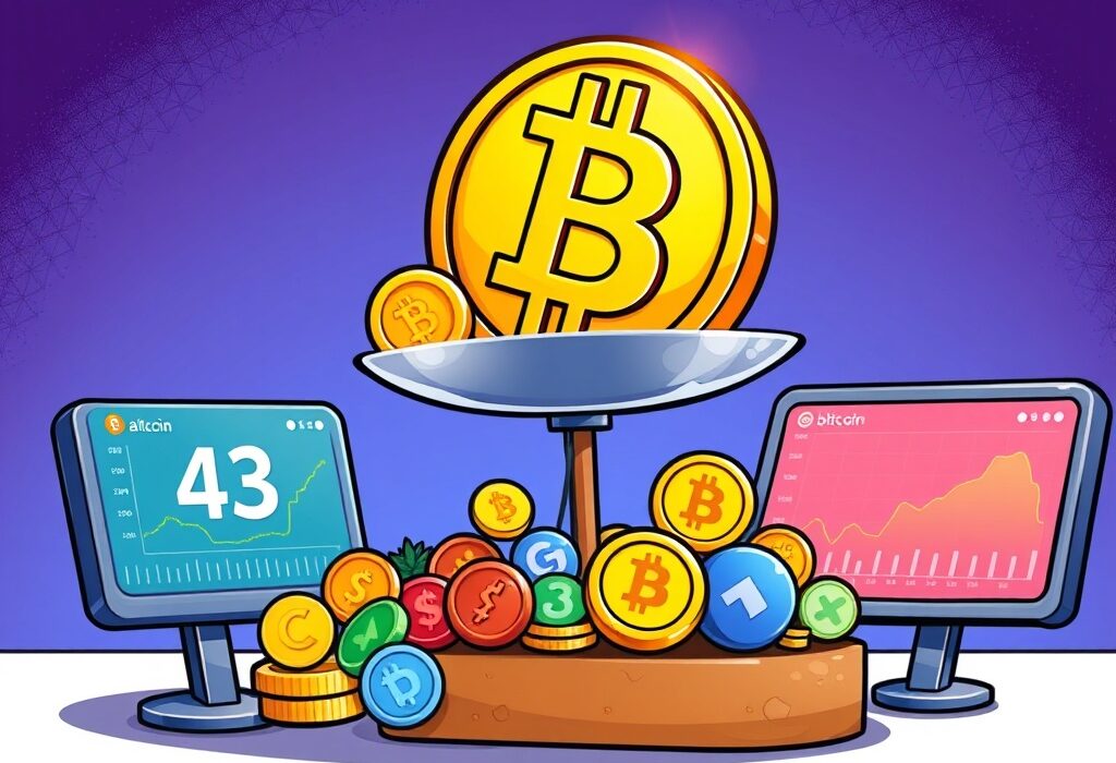A vibrant cartoon showing a large Bitcoin dominating smaller altcoins on a scale, symbolizing the current Bitcoin Season in the crypto market.