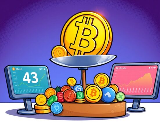 A vibrant cartoon showing a large Bitcoin dominating smaller altcoins on a scale, symbolizing the current Bitcoin Season in the crypto market.