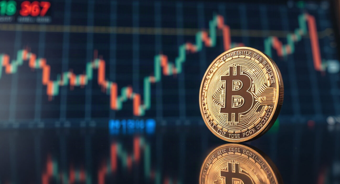 Bitcoin coin on reflective surface with stock chart in background, representing weekly gains and dollar weakness