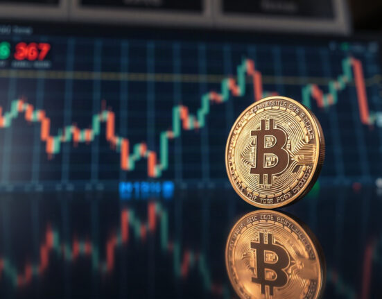Bitcoin coin on reflective surface with stock chart in background, representing weekly gains and dollar weakness
