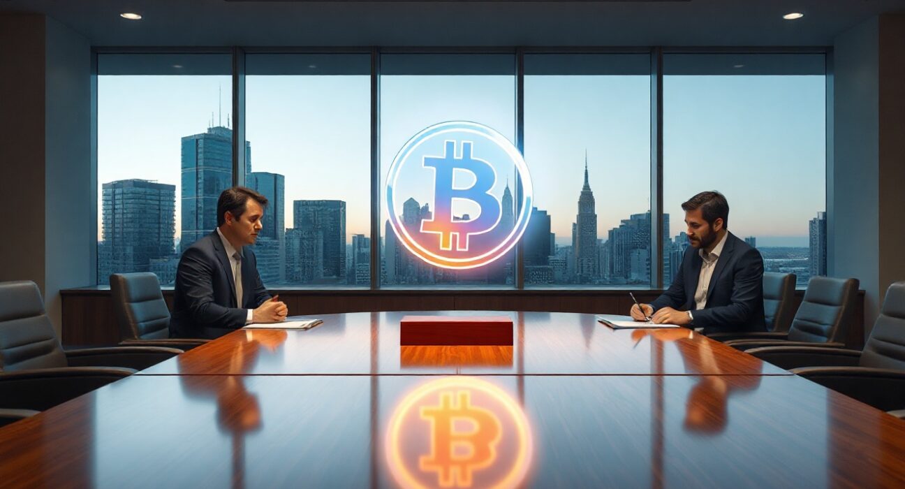 Representatives from Strategy, Coinbase, and BlackRock meeting in a boardroom with a holographic Bitcoin symbol