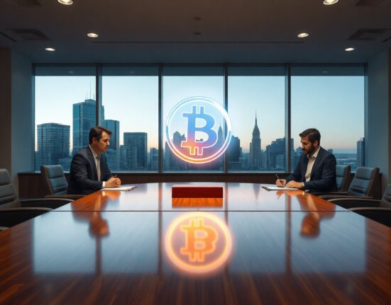 Representatives from Strategy, Coinbase, and BlackRock meeting in a boardroom with a holographic Bitcoin symbol