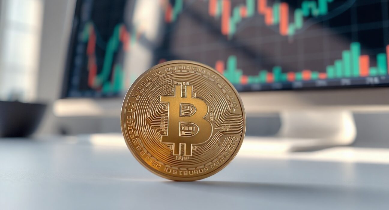 Bitcoin coin on a desk with financial charts in the background, symbolizing self-custody and market analysis.
