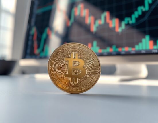 Bitcoin coin on a desk with financial charts in the background, symbolizing self-custody and market analysis.