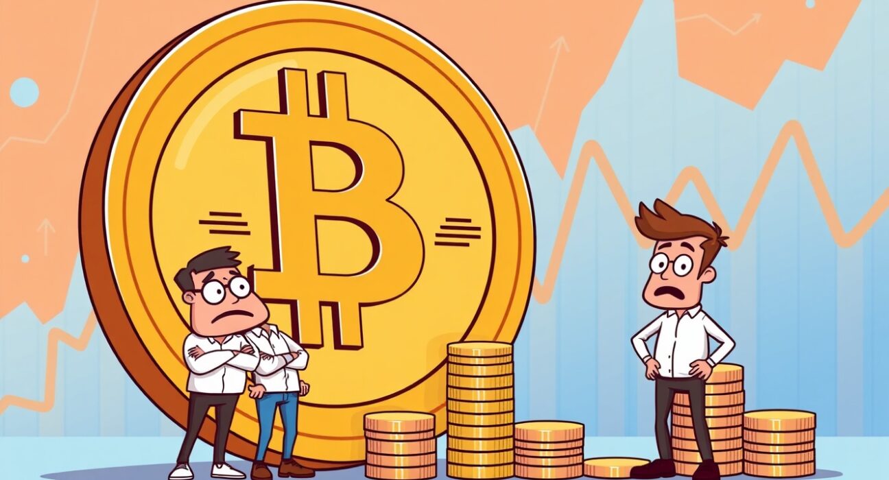 Bitcoin sell-off illustration showing concerned holders and decreasing BTC stacks