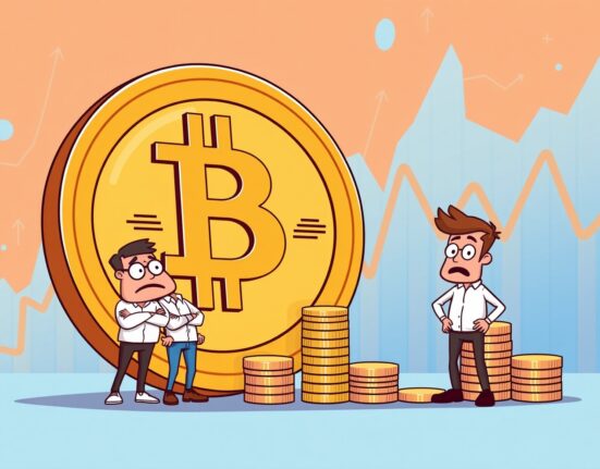 Bitcoin sell-off illustration showing concerned holders and decreasing BTC stacks